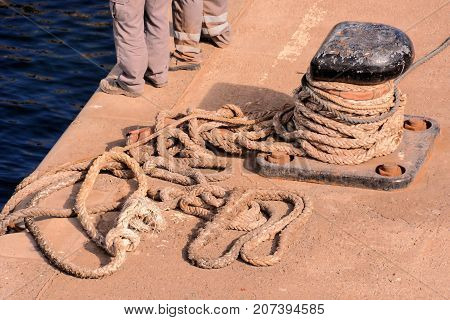 Rusty Metal Mooring Bolard For Big Ship