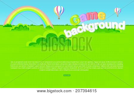 Game background vector illustration with cartoon meadow, green grass and bushes, rainbow, bright air balloons and blue sky