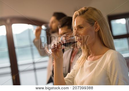 Wine tasting event, degustation by oenologists in restaurant