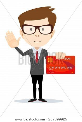 Man in suit shows plastic credit or debit card, member card, vip card with magnetic stripped, credit card payment concept. Stock flat vector illustration.