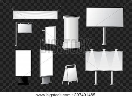 Set of advertising pillars, columns, pennants - modern vector isolated objects on transparent background. Realistic white and black roll up and pop up banner stands, tripods, booths for promo offers