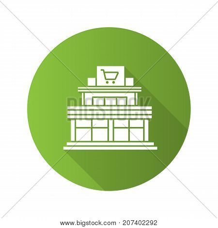 Shopping mall flat design long shadow glyph icon. Emporium. Vector silhouette illustration