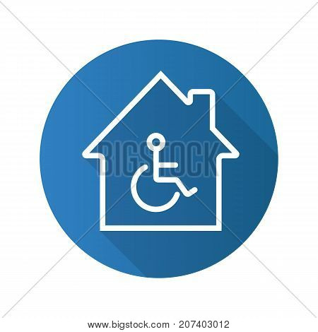 Handicap hospital flat linear long shadow icon. House with special facilities. Vector outline symbol