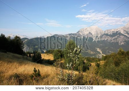 Mountain scenery with meadow in the Albanian alps