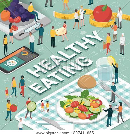 Healthy food diet and nutrition concept: people preparing together and healthy vegan meal nutritionists and food app