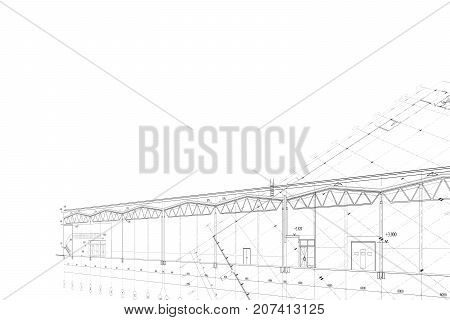 Abstract architectural project of industrial building on the white background