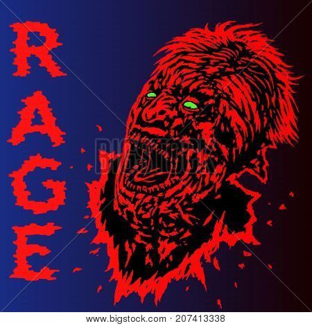 Zombies with broken red face looking up and screaming with his mouth open. Vector illustration on blue background. Freehand digital drawing concept. Genre of horror.