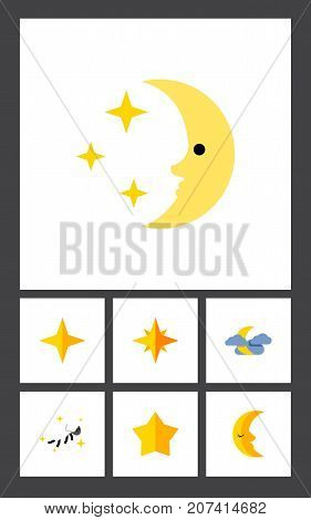 Flat Icon Bedtime Set Of Midnight, Starlet, Star And Other Vector Objects