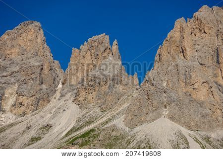 Detailed view of picturesque Sella rock in Dolomiti alps, Italy