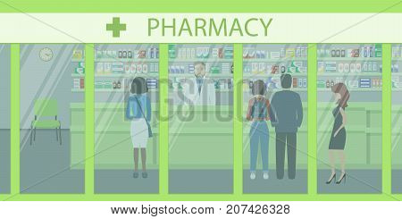 People in the pharmacy. View from the street. The pharmacist stands near the shelves with medicines. In the green hall there are visitors. Vector illustration.