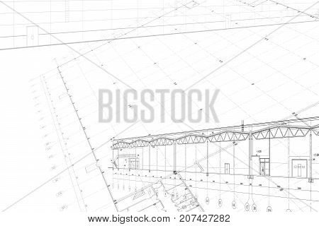 Abstract architectural project of industrial building on the white background