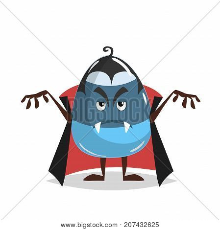 Cartoon candy corn vampire costumed character. Dracula suit. Halloween humanized sweet symbol for party poster and decoration.