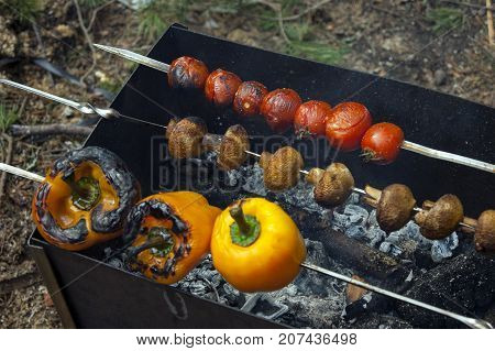 Grilled champignons tomatoes and bell peppers on the bbq
