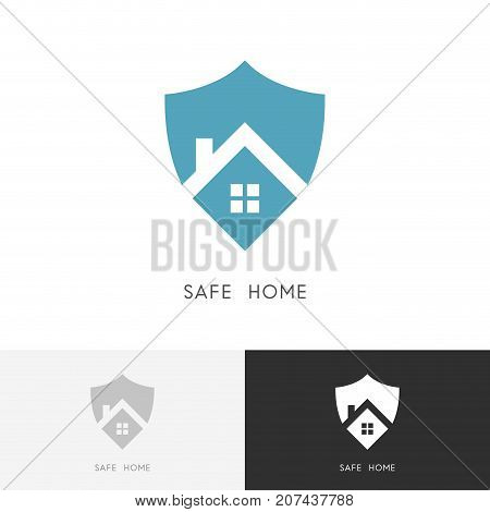 Safe home logo - house with window and chimney on the roof and shield symbol. Defense, security and real estate vector icon.