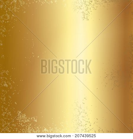 Gold foil texture background. Realistic golden vector metal gradient template with grunge effect for frame design.