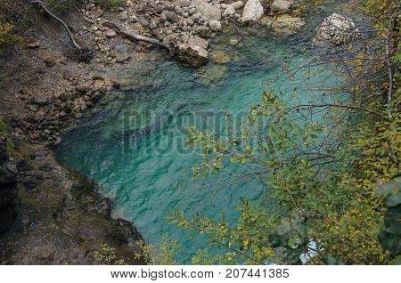 Nature autumn landscape. Waterfall at Soteska vintgar Slovenia. The Vintgar Gorge or Bled Gorge.