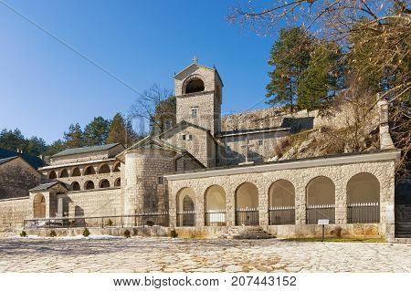 Cetinje Monastery on a sunny winter day. Montenegro
