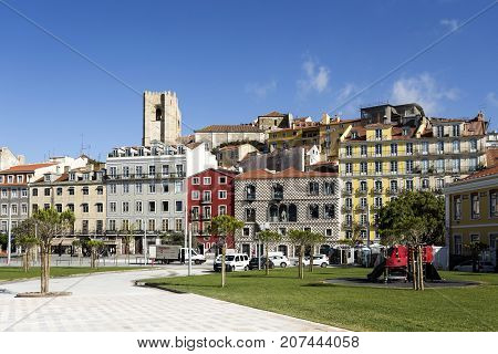 LISBON, PORTUGAL - September 25, 2017: Alfama District including the Cathedral Bell Towers and Casa dos Bicos in Lisbon Portugal