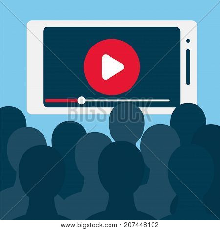 Big number of viewers in front of big smartphone screen. Stock vector illustration for online broadcast mobile content home cinematv live stream watching digital entertainment and addiction.