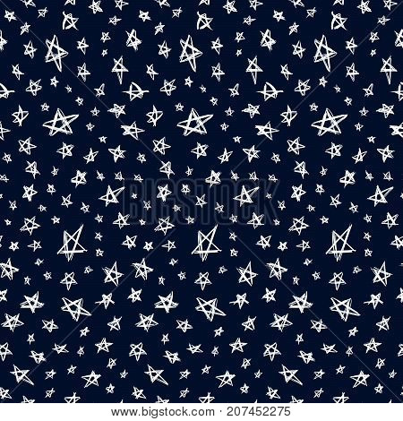Stargaze pattern. Cosmic style. Stars and planets ornament. Galaxy fabric. Constellations print. Clothes or interior design. Fashion background. Trendy textile. Vector seamless pattern.