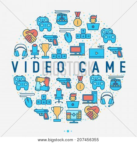 Video game concept in circle with thin line icons: gamer, computer games, pc, headset, mouse, game controller. Modern vector illustration for banner, web page, print media.