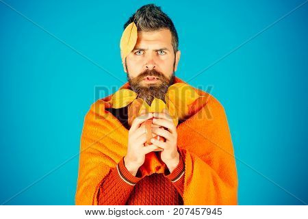 Man With Natural Yellow Fall Leaves Beard In Plaid.