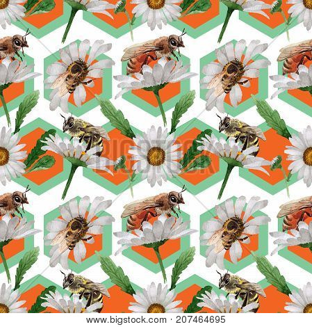 Exotic bee wild insect pattern in a watercolor style. Full name of the insect: bee, honeybee. Aquarelle wild insect for background, texture, wrapper pattern or tattoo.