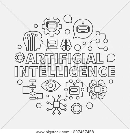 AI round line illustration. Vector circular symbol made with words Artificial Intelligence and technology icons