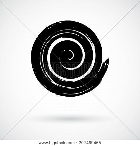 Whimsical spiral symbol. Hand painted with ink watercolor brush. Modern swirling blob button. Decorative circular coil ornament. Radial rotation snail. Graphic design element. Vector illustration.