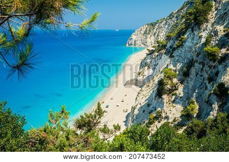 Egremni beach, Lefkada island, Greece. Large and long beach with turquoise water on the island of Lefkada in Greece