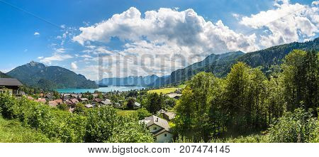 Aerial Panoramica View Of Wolfgangsee Lake Salzkammergut Austria In A Beautiful Summer Day
