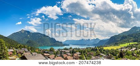 Aerial Panoramica View Of Wolfgangsee Lake Salzkammergut Austria In A Beautiful Summer Day