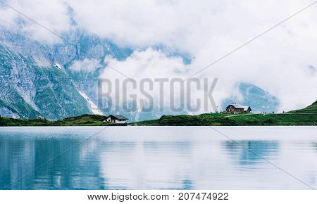 Majestic mountain lake in Switzerland. Idyllic landscape with clear mountain lake in the Alps.
