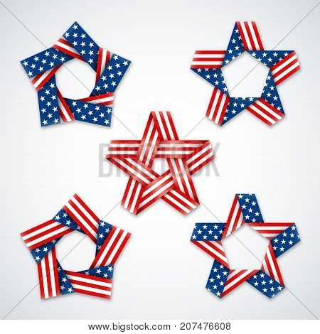 Set of stars made of ribbons with USA flag stars and stripes. Symbol design for american national holidays. Vector illustration