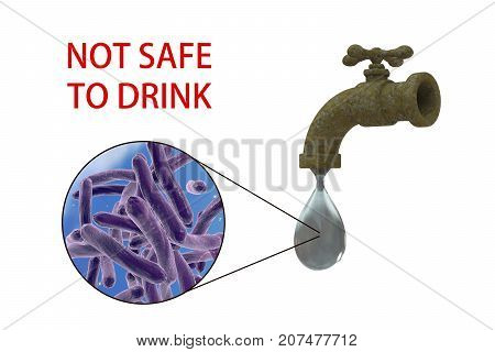 Safety of drinking water concept, 3D illustration showing old tap with dirty water and close-up view of water-borne microbes