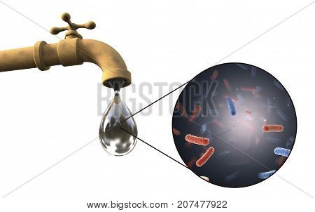 Safety of drinking water concept, 3D illustration showing old tap with dirty water and close-up view of water-borne microbes