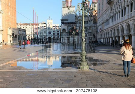 Saint Mark Square With High Tide In Winter