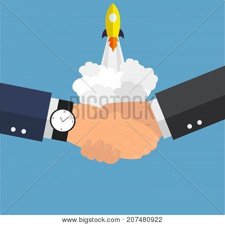 Two man shaking hands. Nuclear test vector concept. Rocket launch on blue background. - stock vector