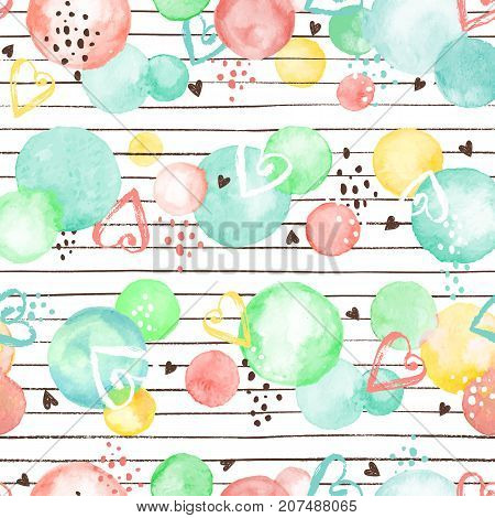 Watercolor texture. Aquarelle circles in fansy colors. Seamless pattern. Watercolor circles with dry brush hearts and stripes isolated on white background.
