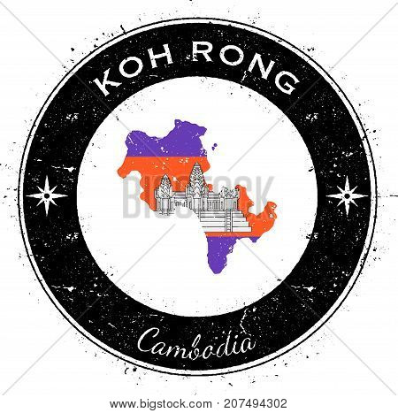 Koh Rong Circular Patriotic Badge. Grunge Rubber Stamp With Island Flag, Map And Name Written Along