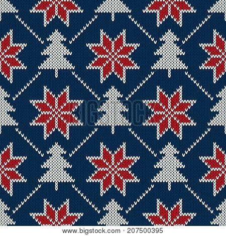 Winter Holiday Seamless Knitted Pattern with a Christmas Trees and Snowflakes. Knitting Sweater Design. Wool Knitted Texture