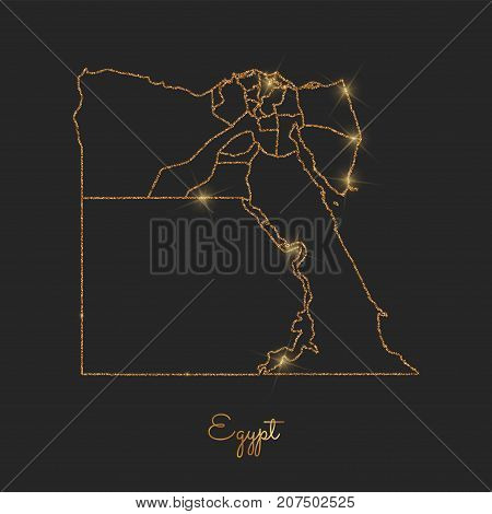 Egypt Region Map: Golden Glitter Outline With Sparkling Stars On Dark Background. Detailed Map Of Eg