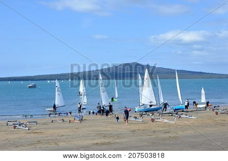 Sail Boats On Narrow Neck Beach Against Rangitoto Island Auckland