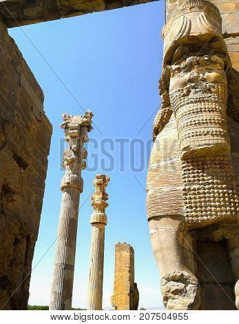 Ancient city of persepolisin Iran with blue sky