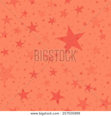 Red Stars Seamless Pattern On Coral Background. Breathtaking Endless Random Scattered Red Stars Fest