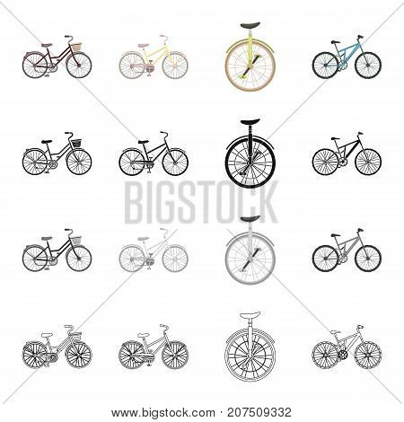 A bicycle, a vehicle for recreation and sports. Different kinds of bicycles set collection icons in cartoon black monochrome outline style vector symbol stock isometric illustration .