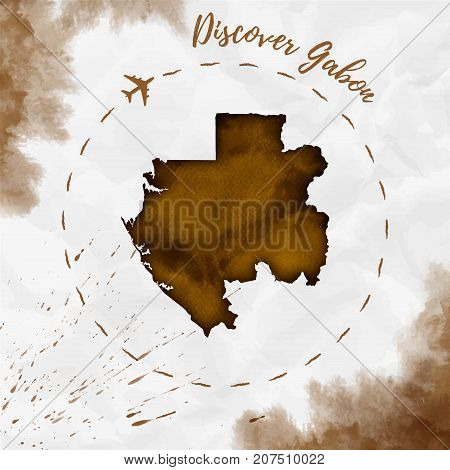 Gabon Watercolor Map In Sepia Colors. Discover Gabon Poster With Airplane Trace And Handpainted Wate