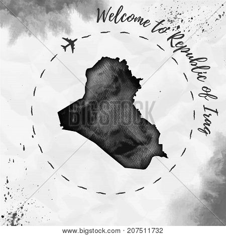 Republic Of Iraq Watercolor Map In Black Colors. Welcome To Republic Of Iraq Poster With Airplane Tr