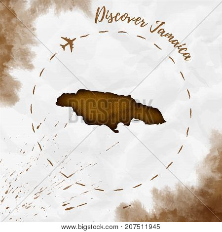 Jamaica Watercolor Map In Sepia Colors. Discover Jamaica Poster With Airplane Trace And Handpainted