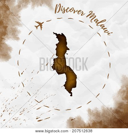 Malawi Watercolor Map In Sepia Colors. Discover Malawi Poster With Airplane Trace And Handpainted Wa
